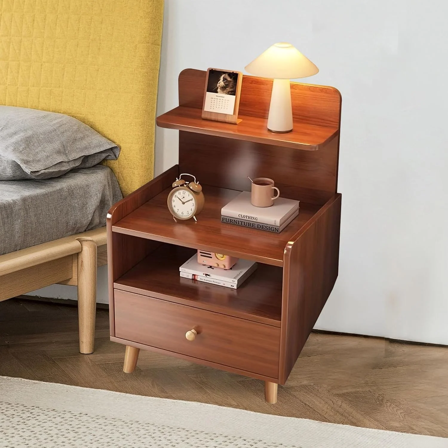 میز پاتختی چوبی KEPFITESE با کشو، میز پاتختی با قفسه های کشویی باز، میز پاتختی مدرن اواسط قرن، میز کنار تختی اتاق خواب (گردویی) میز پاتختی چوبی KEPFITESE با کشو، میز پاتختی با قفسه های کشویی باز، میز پاتختی مدرن اواسط قرن، میز کنار تختی اتاق خواب (گردویی)