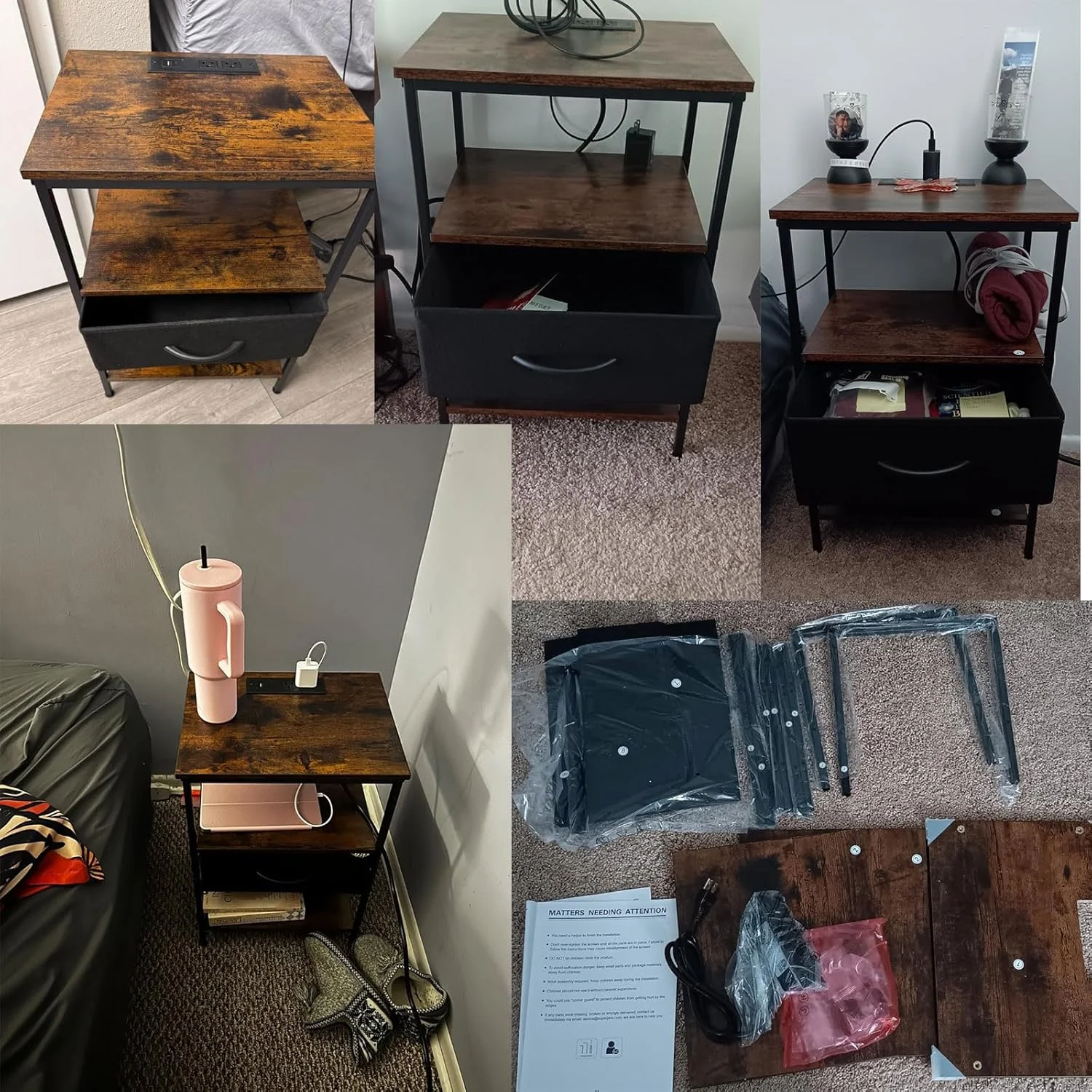 میز کنار تختی KAPEICamper با ایستگاه شارژ، میز کنار تخت با کشوی پارچه ای قابل تنظیم، میز کنار تخت برای اتاق خواب، میز عسلی 3 طبقه، برای اتاق نشیمن، قهوه ای روستایی و مشکی