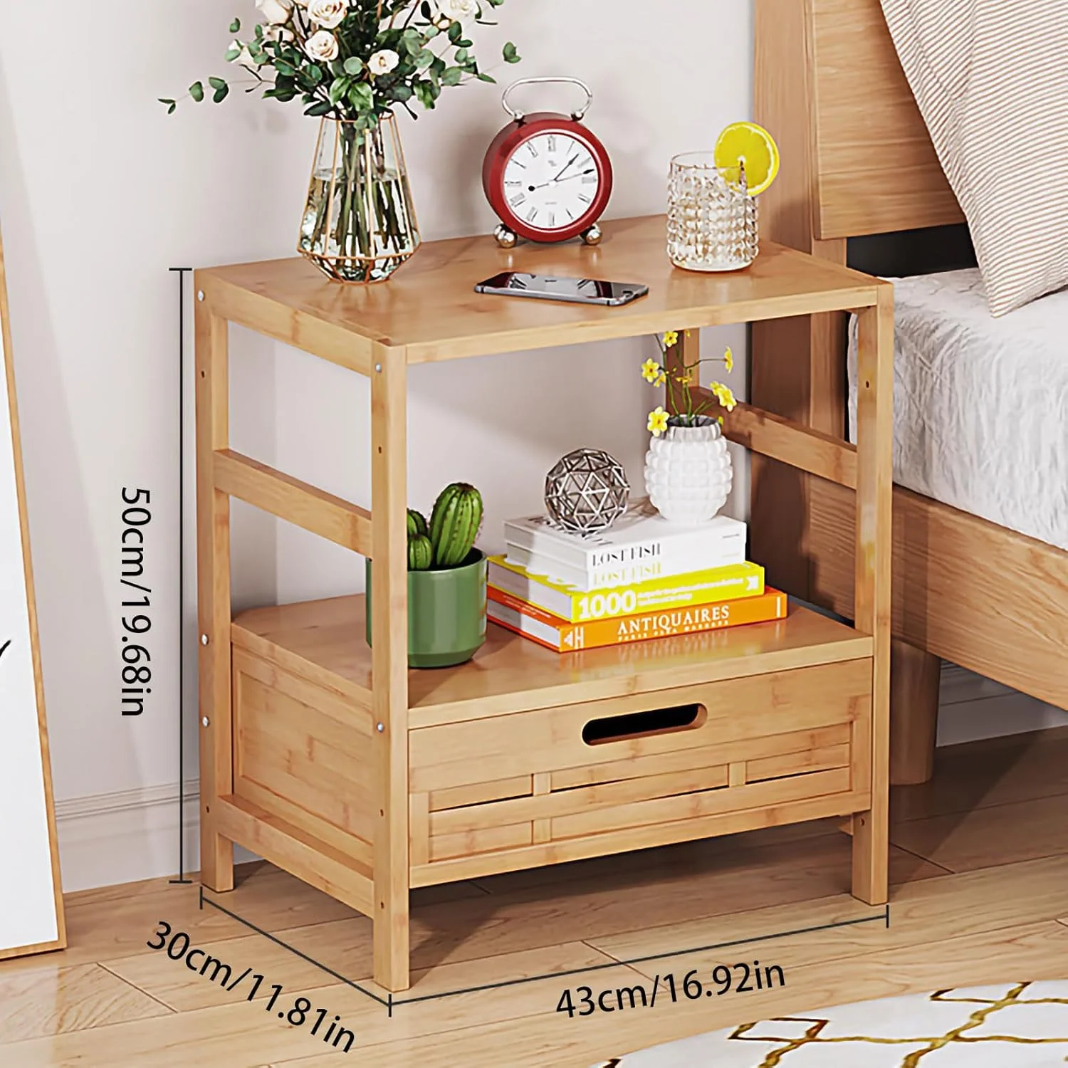 میز کنار تختی چوبی KEPFITESE، میز کنار تخت با کشو - میز پاتختی مدرن اواسط قرن، میز چوبی با قفسه نگهداری باز (رنگ چوب اصلی) میز کنار تختی چوبی KEPFITESE، میز کنار تخت با کشو - میز پاتختی مدرن اواسط قرن، میز چوبی با قفسه نگهداری باز (رنگ چوب اصلی)