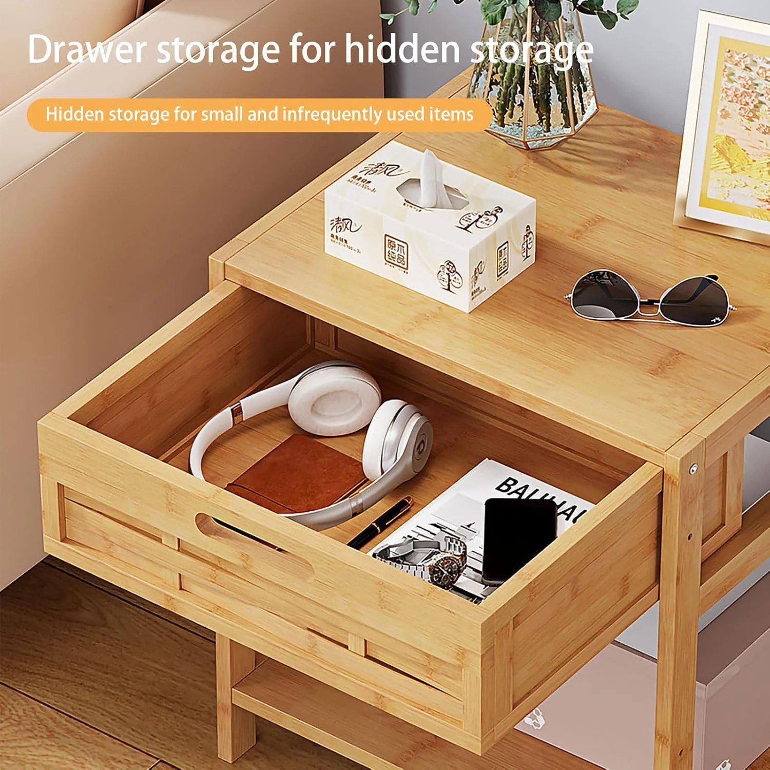 میز کنار تختی چوبی KEPFITESE، میز کنار تخت با کشو - میز پاتختی مدرن اواسط قرن، میز چوبی با قفسه نگهداری باز (رنگ چوب اصلی) میز کنار تختی چوبی KEPFITESE، میز کنار تخت با کشو - میز پاتختی مدرن اواسط قرن، میز چوبی با قفسه نگهداری باز (رنگ چوب اصلی)