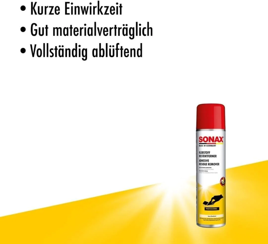 محلول پاک کننده بقایای چسب SONAX (400 میلی لیتر) برای از بین بردن سریع و بدون اثر بقایای چسب و برچسب های کاغذی، شماره مورد 04774000