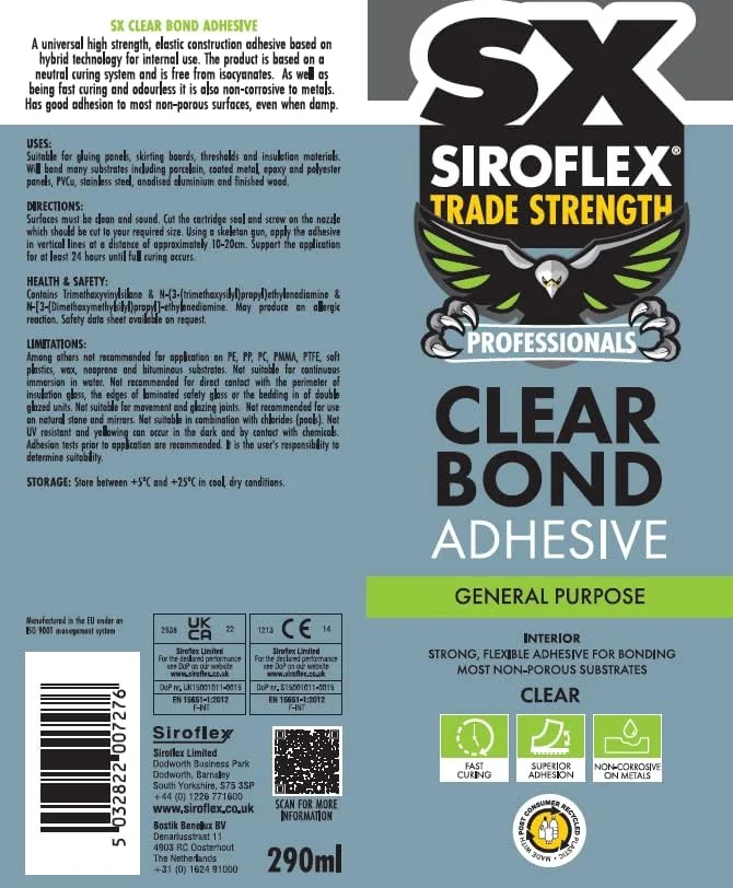 چسب ساختمانی شفاف و قوی Siroflex SX Trade Strength MS، چند منظوره، بر پایه فناوری هایبریدی، بدون ایزوسیانات، برای کاربردهای داخلی، حجم 290 میلی لیتر، رنگ شفاف