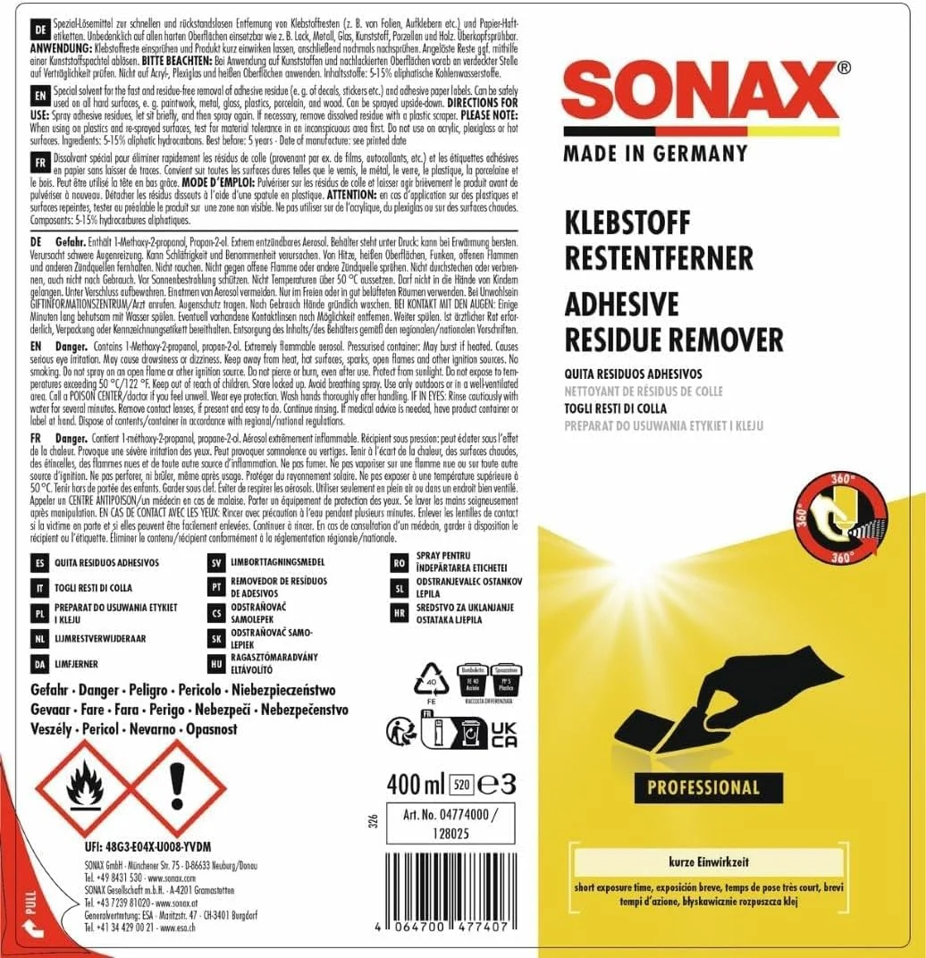محلول پاک کننده بقایای چسب SONAX (400 میلی لیتر) برای از بین بردن سریع و بدون اثر بقایای چسب و برچسب های کاغذی، شماره مورد 04774000