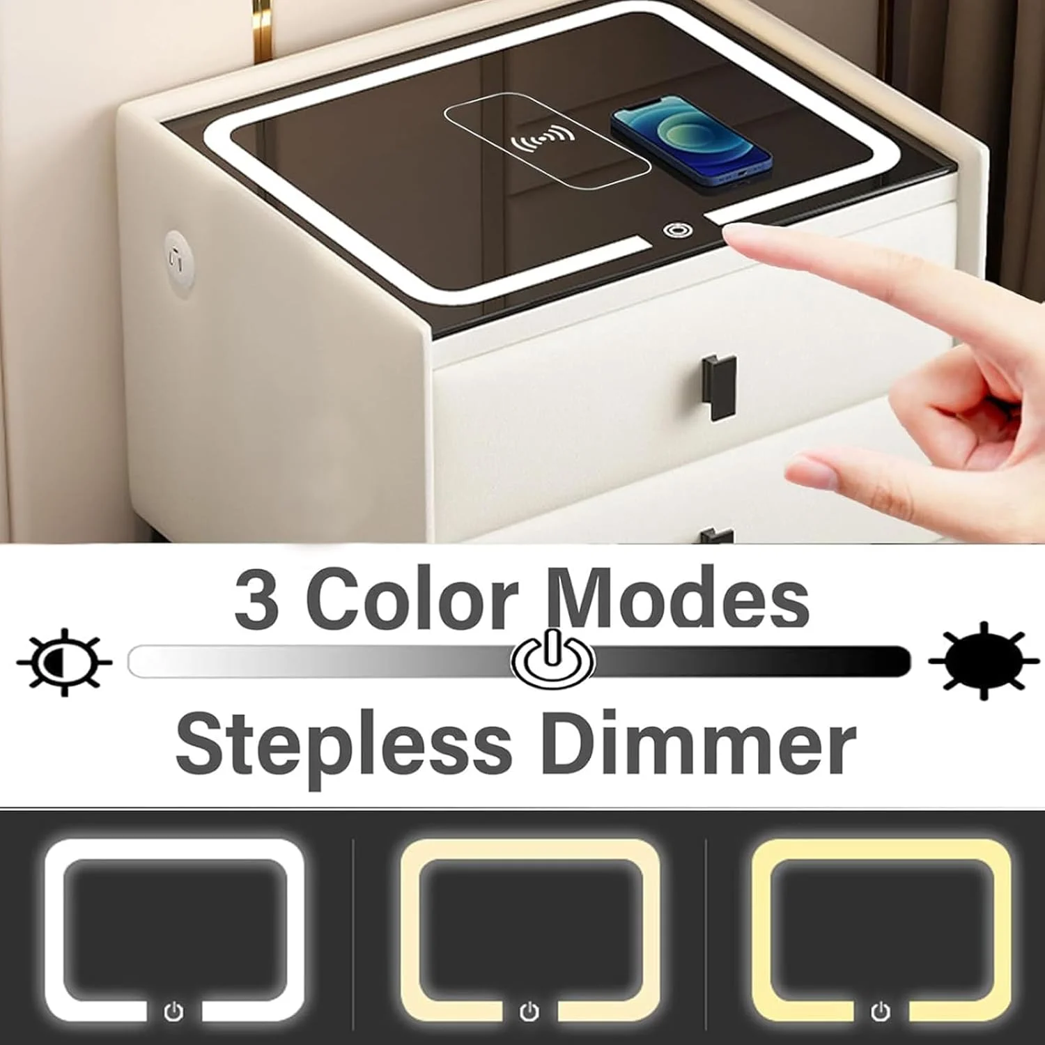 میز پاتختی هوشمند VUCATIN با ایستگاه شارژ بی‌سیم، میز کنار تختی با 2 کشو، میز عسلی برای اتاق خواب، 3 چراغ LED با قفل اثر انگشت USB (خاکستری)