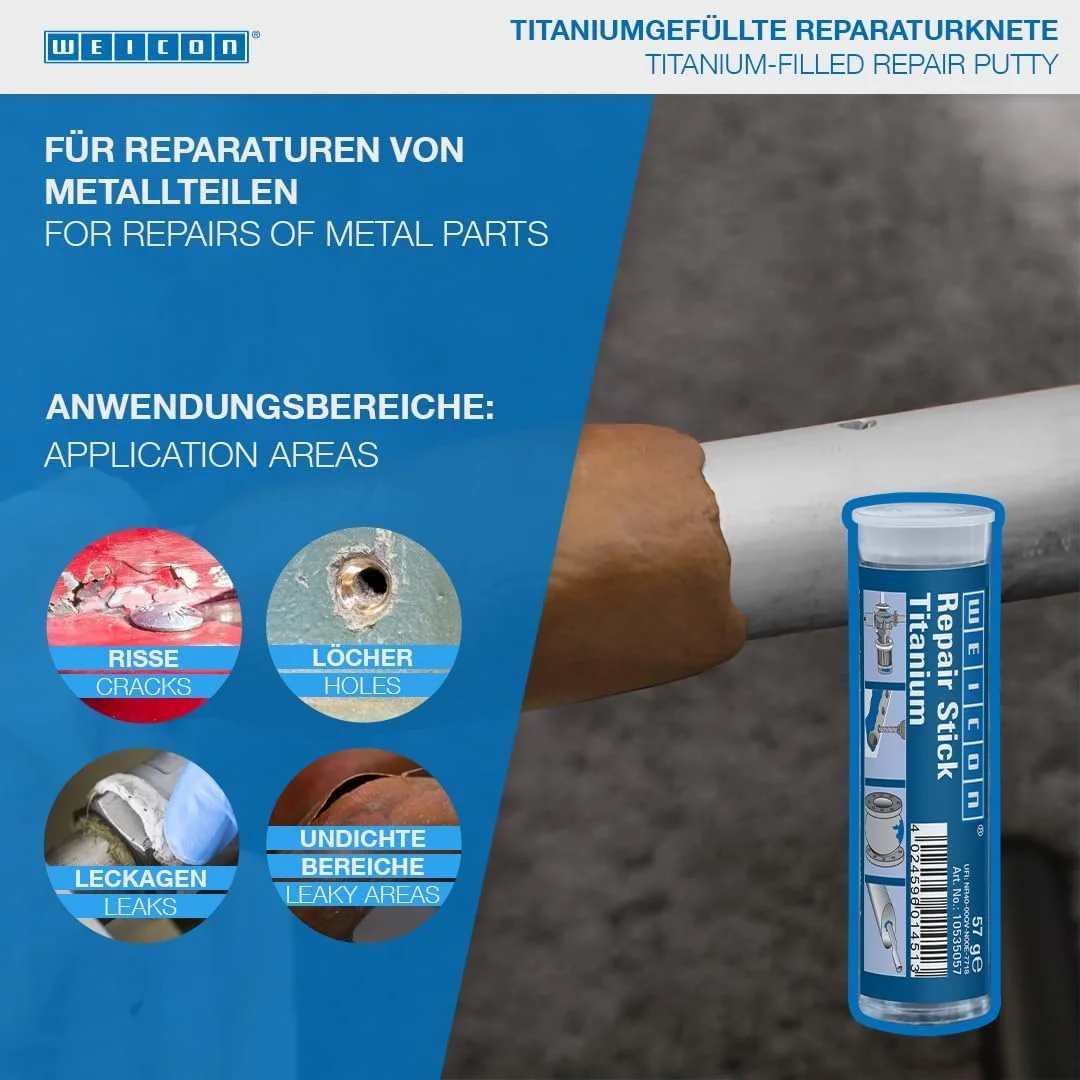 چسب تعمیراتی تیتانیوم Weicon | 57 گرم | چسب اپوکسی رزین ویژه دو جزئی مقاوم در برابر حرارت و سایش برای قطعات فلزی، مخازن و غیره