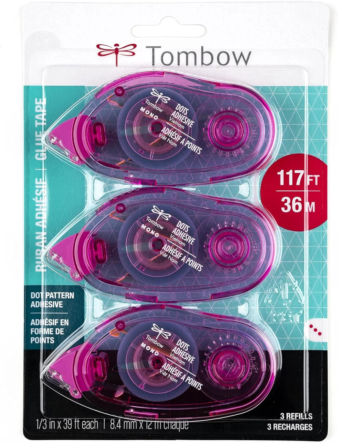 مجموعه 3 عددی چسب نواری Tombow 62149 Mono، استفاده آسان و روان، چند رنگ، بسته اقتصادی