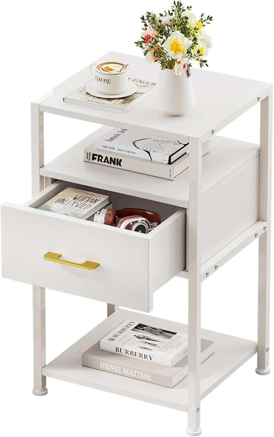 میز پاتختی مدرن Yoqiren، میز کنار تختی با کشو، میز کنار تختی سفید با قاب طلایی، میز کوچک 3 طبقه برای نگهداری وسایل اتاق نشیمن، اتاق خواب میز پاتختی مدرن Yoqiren، میز کنار تختی با کشو، میز کنار تختی سفید با قاب طلایی، میز کوچک 3 طبقه برای نگهداری وسایل اتاق نشیمن، اتاق خواب