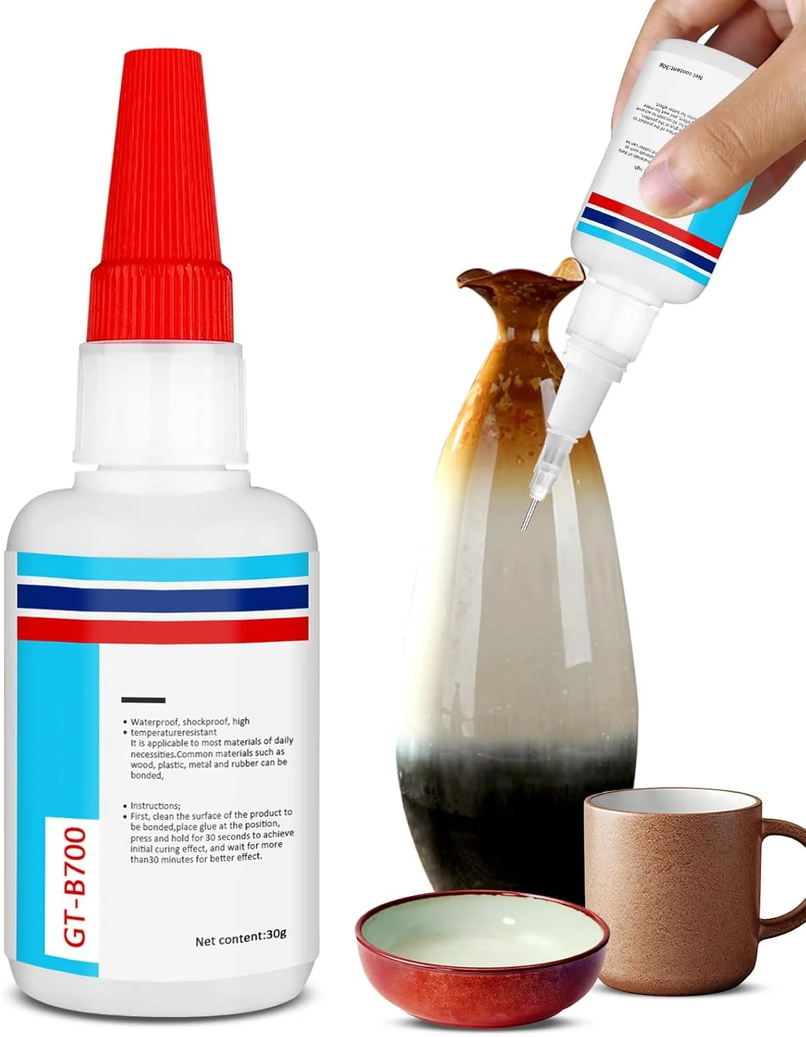 چسب سرامیک 30 گرمی ضد آب، چسب فوری و قوی برای تعمیر سرامیک، چینی و سفال، چسب ایمن برای مواد غذایی برای ظروف، فنجان ها و صنایع دستی DIY