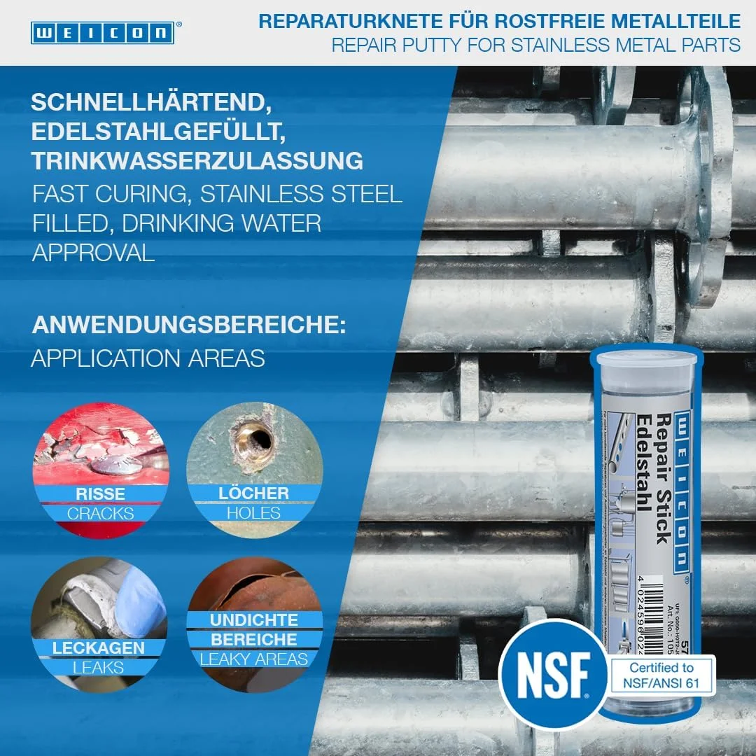 چسب تعمیراتی استیل WEICON، 115 گرمی، چسب اپوکسی رزین مخصوص دو جزئی برای تعمیرات استیل و موارد مشابه. فلزات، محفظه ها، ظروف چسب تعمیراتی استیل WEICON، 115 گرمی، چسب اپوکسی رزین مخصوص دو جزئی برای تعمیرات استیل و موارد مشابه. فلزات، محفظه ها، ظروف