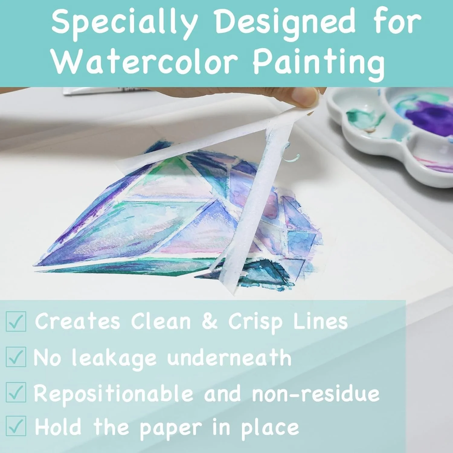 نوار هنرمند 4 عددی THE WHITE SHOP برای کاغذ آبرنگ - نوار نقاشی هنرمندان سفید برای طراحی، نقاشی هنری و تمام رسانه های کاغذی - بدون اسید عرض 1.5 سانتی متر طول کل 180 متر