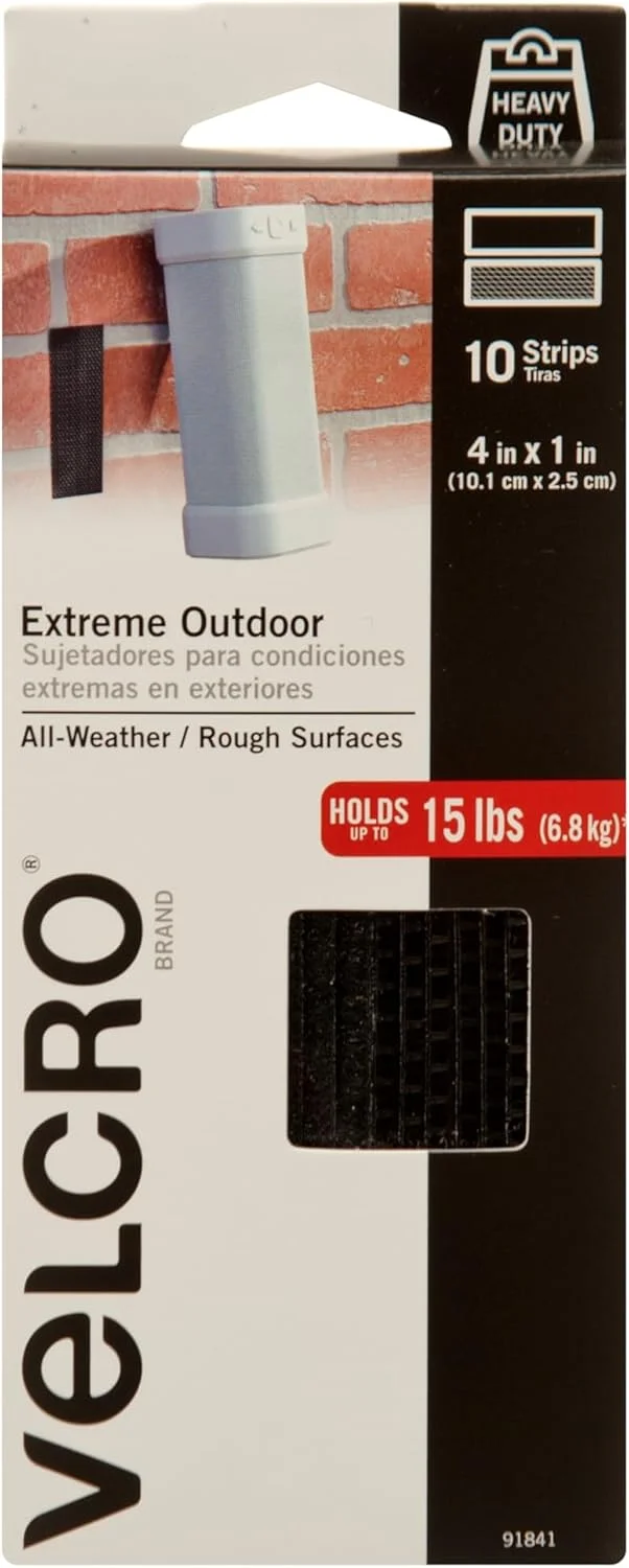 نوارهای چسبی بسیار قوی مخصوص فضای باز برند VELCRO | بسته 10 عددی 4 x 1 اینچی | تحمل وزن 6.8 کیلوگرم | نوار چسب قلاب و حلقه مشکی با چسبندگی صنعتی بسیار قوی | مقاوم در برابر آب و هوا برای سطوح ناهموار (91841)