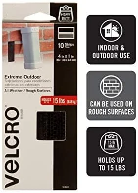 نوارهای چسبی بسیار قوی مخصوص فضای باز برند VELCRO | بسته 10 عددی 4 x 1 اینچی | تحمل وزن 6.8 کیلوگرم | نوار چسب قلاب و حلقه مشکی با چسبندگی صنعتی بسیار قوی | مقاوم در برابر آب و هوا برای سطوح ناهموار (91841)