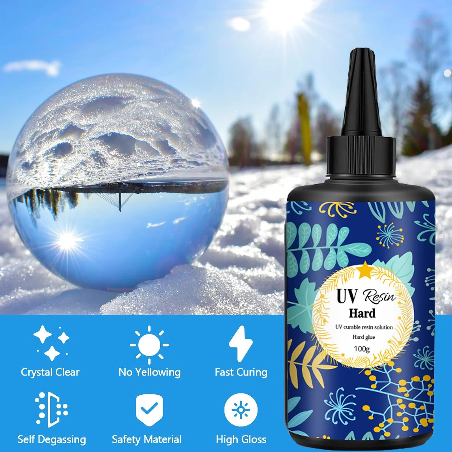 رزین UV 300 گرمی، کیت رزین UV ارتقا یافته با پخت سریع، شفافیت کریستالی، سخت، براق، رزین فعال شده با نور خورشید - بدون بو برای ساخت جواهرات، صنایع دستی DIY، ریخته گری و پوشش