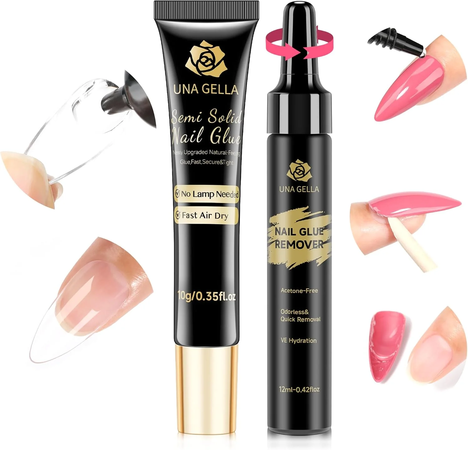 چسب ناخن نیمه جامد بدون نیاز به لامپ UNA GELLA برای ناخن های مصنوعی: 10 میلی لیتر و ریموور چسب ژل ناخن خیساندنی برای ناخن های اکریلیک مصنوعی 12 میلی لیتر، کیت حذف سریع چسب فوق العاده قوی