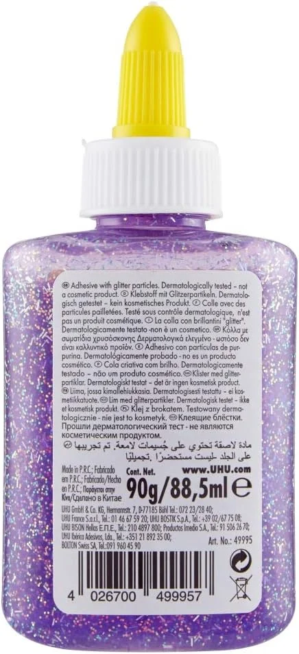 چسب اکلیلی بنفش UHU، 88.5 میلی لیتر، جلوه های اکلیلی درخشان برای کاردستی، اسلایم، تزئین و طراحی خلاقانه، ایمن - تست شده از نظر پوستی، بطری نرم با نوک دقیق