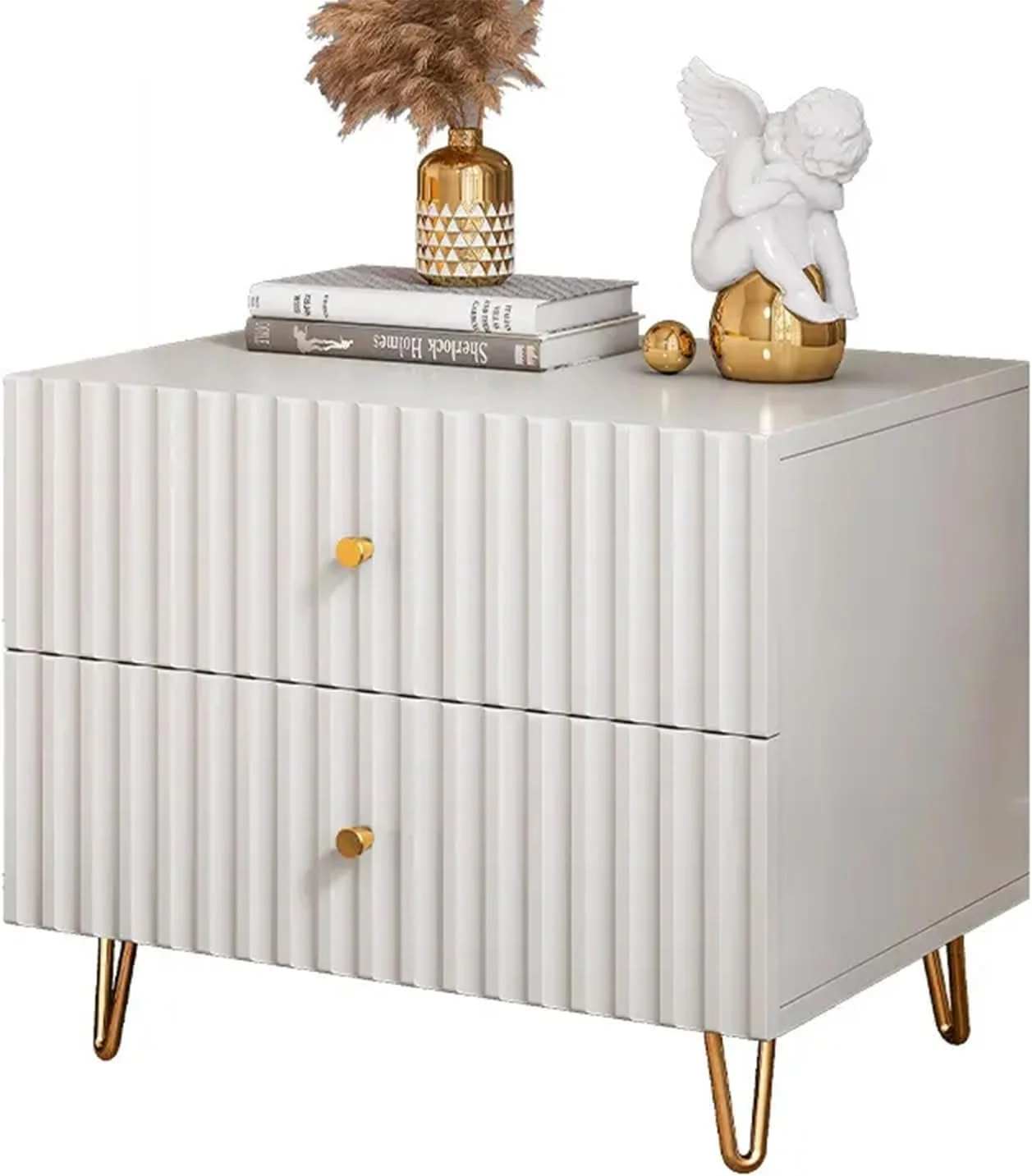 میز پاتختی مدرن YXYKPPET با روکش براق و 2 کشو، طراحی راه راه شیاردار به سبک مدرن اواسط قرن با پایه های فلزی طلایی، سفید و طلایی میز پاتختی مدرن YXYKPPET با روکش براق و 2 کشو، طراحی راه راه شیاردار به سبک مدرن اواسط قرن با پایه های فلزی طلایی، سفید و طلایی