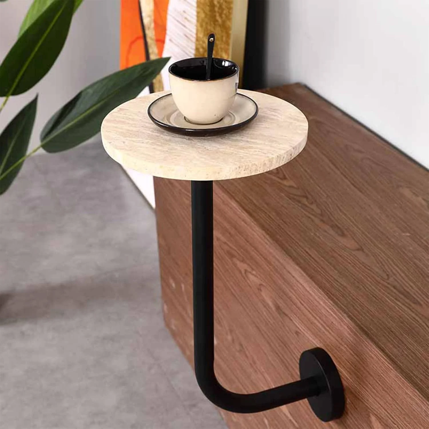 میز عسلی گرد مدرن Xering با رویه تراورتن، میز جانبی/پایه گلدان برای ورودی بالکن، میز کنار تختی دیواری میز عسلی گرد مدرن Xering با رویه تراورتن، میز جانبی/پایه گلدان برای ورودی بالکن، میز کنار تختی دیواری