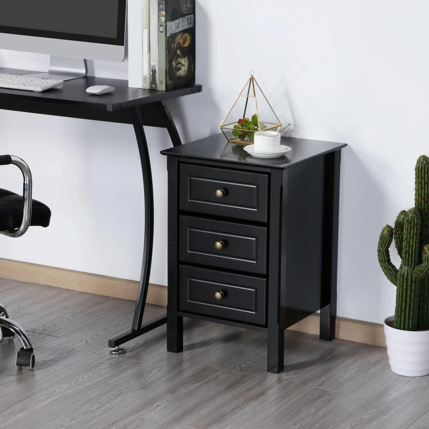 Yaheetech ست 2 عددی میز کنار تختی، میز عسلی چوبی 3 کشویی، میز تلفن مدرن کنار مبل برای فضاهای کوچک، مونتاژ آسان، مشکی