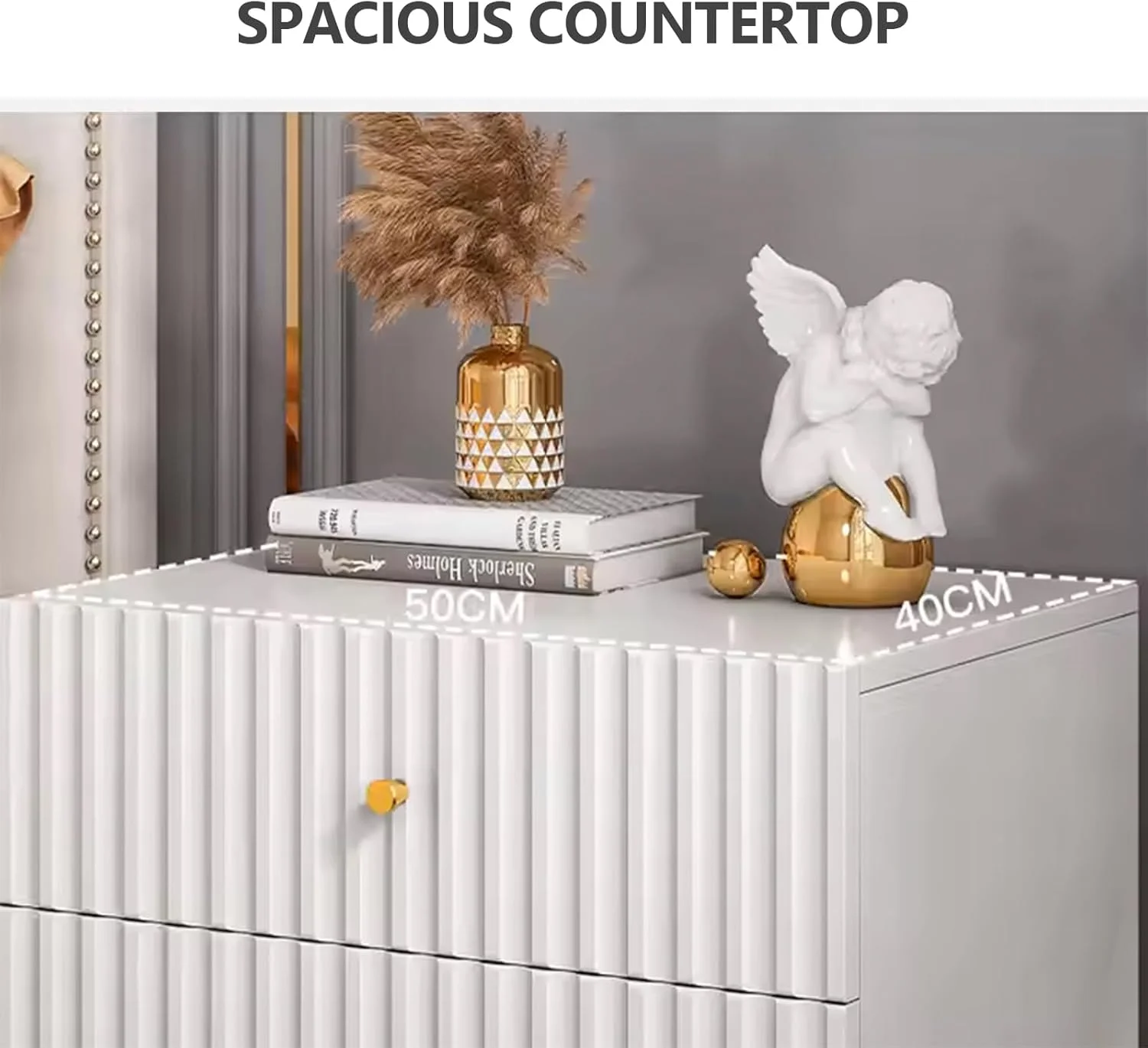 میز پاتختی مدرن YXYKPPET با روکش براق و 2 کشو، طراحی راه راه شیاردار به سبک مدرن اواسط قرن با پایه های فلزی طلایی، سفید و طلایی میز پاتختی مدرن YXYKPPET با روکش براق و 2 کشو، طراحی راه راه شیاردار به سبک مدرن اواسط قرن با پایه های فلزی طلایی، سفید و طلایی