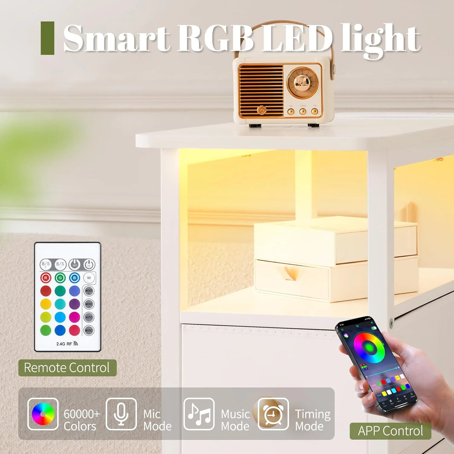 دراور باریک یوبور برای اتاق خواب، پاتختی باریک LED با ایستگاه شارژ، دراور کوچک، میز کنار تخت باریک و بلند، کمد باریک برای فضاهای کوچک، سفید