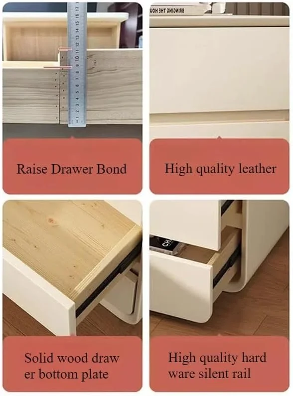 میز کنار تختی مدرن و مینیمال XINYUEMAIC، میز لبه چوب جامد با 2 کشو، روکش چرمی، کابینت ذخیره سازی لوکس بدون نیاز به نصب، مناسب برای اتاق نشیمن و اتاق خواب [بژ]