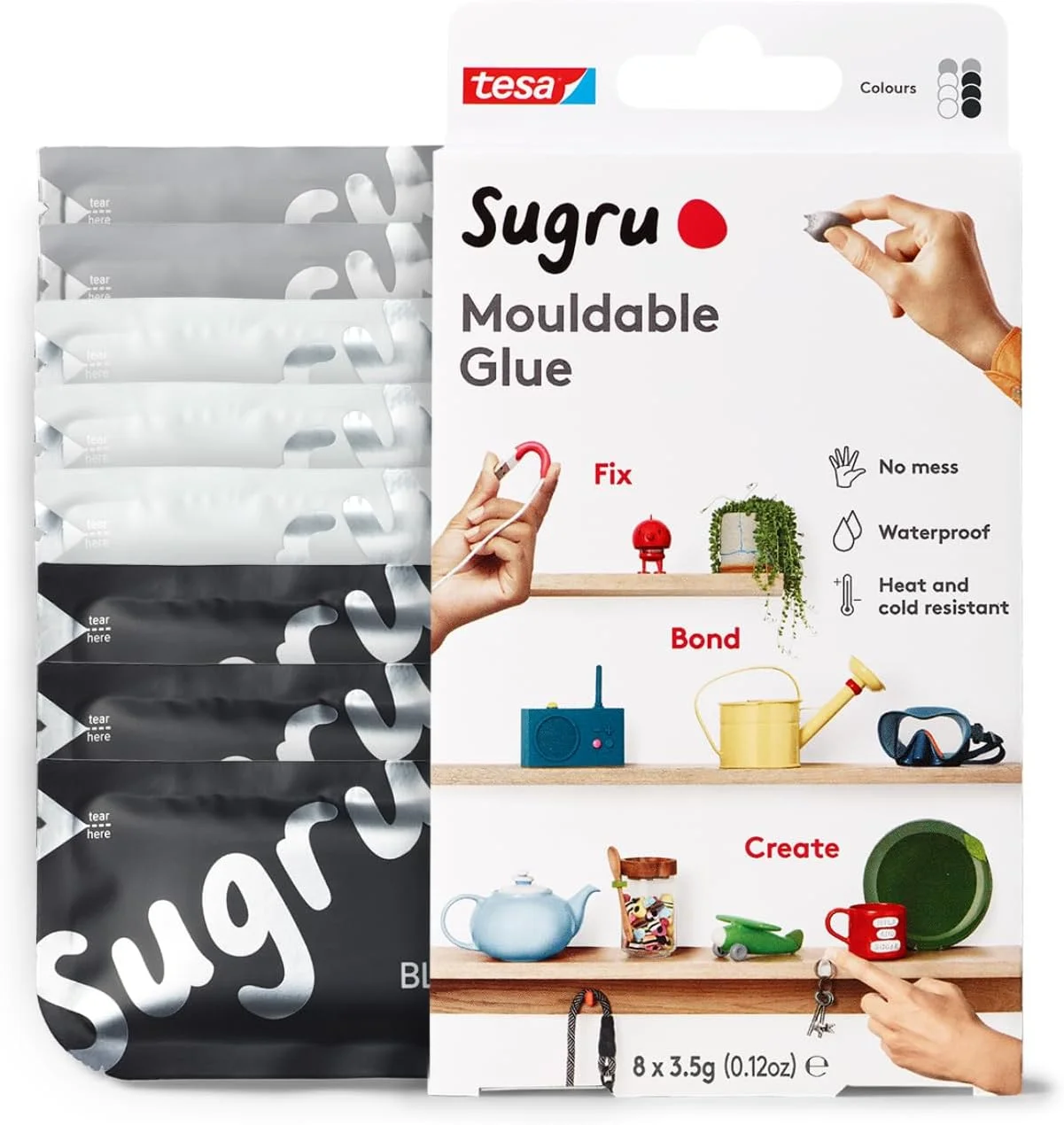 چسب فوق العاده Sugru Tesa - چسب ضد آب برای بهبود خانه + کارهای چسب صنایع دستی - استفاده به عنوان چسب چوب، بتونه پوستر یا چسب سیلیکونی برای تعمیر + اتصال - بسته 8 عددی - مشکی، سفید و خاکستری (3.5 گرم در هر کدام)