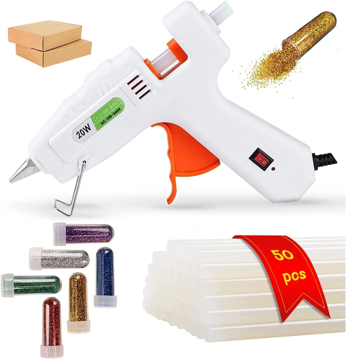 تفنگ چسب حرارتی، تفنگ مینی 20 واتی برای کاردستی، 50 عدد چسب، گرم شدن سریع 90 ثانیه ای، طراحی ضد سوختگی، تفنگ برای کاردستی/هنرهای DIY/کارت/پلاستیک/چوب (سفید)