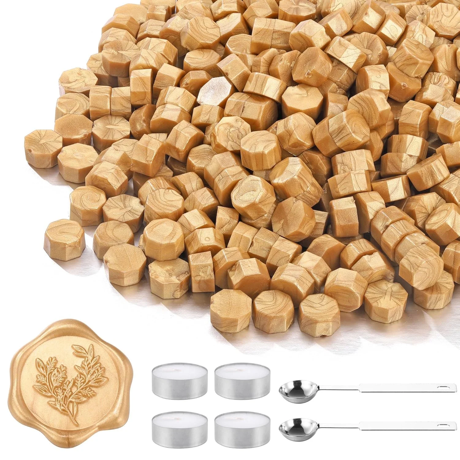 مجموعه 360 عددی مهره موم آب طلا با قاشق و شمع، مهره های موم مهر و موم قدیمی برای کارت عروسی، پاکت نامه، بسته بندی هدیه، نامه ها و تزئینات مهر سفارشی