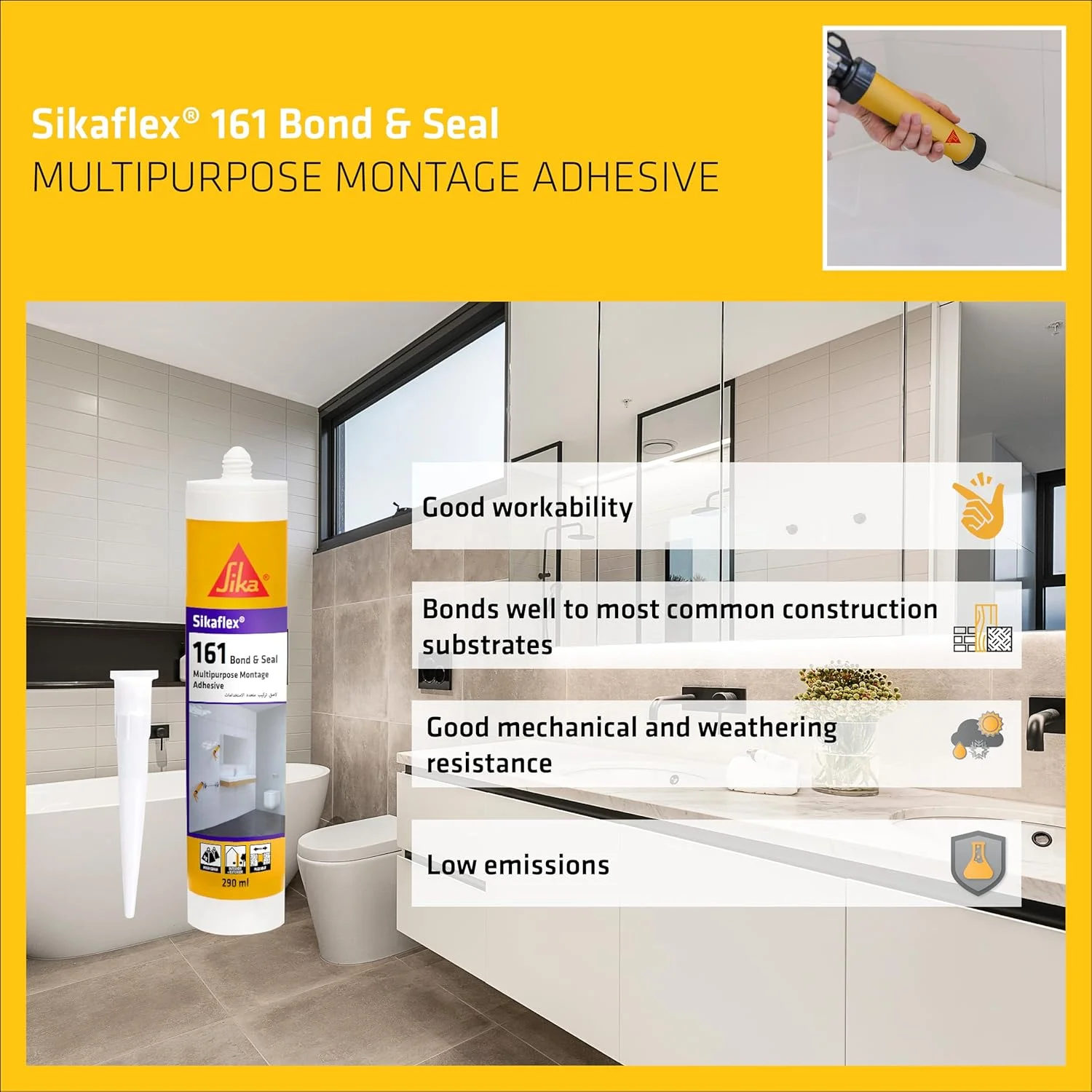 SIKA - چسب و درزگیر - Sikaflex 161 Bond & Seal - سفید - چسب مونتاژ چند منظوره و درزگیر - چسبندگی اولیه خوب - داخلی و خارجی - 290 میلی لیتر