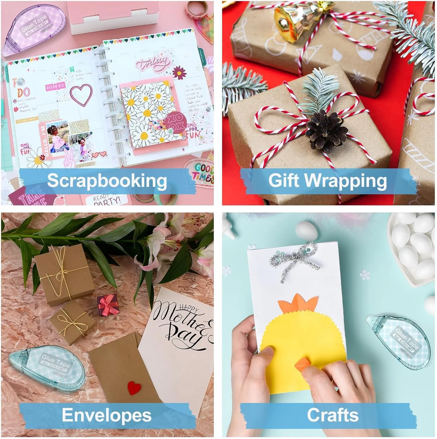 بسته 4 عددی نوار چسب دو طرفه اسکرپ بوک، غلطک نوار چسب برای صنایع دستی، اسکرپ بوکینگ، بسته بندی هدیه و لوازم جانک جورنالینگ (0.31 اینچ × 26 فوت)