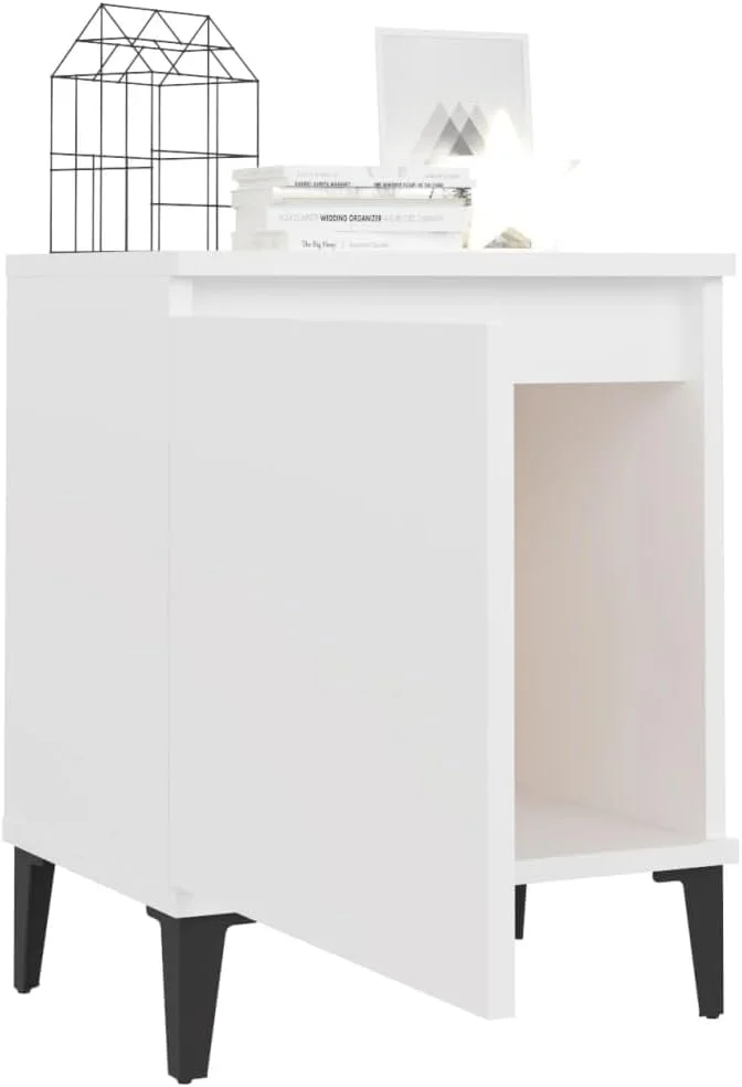 کابینت کنار تختی vidaXL با پایه های فلزی، میزهای کنار تخت، میزهای عسلی، کابینت های ذخیره سازی، پایه تلفن، مبلمان اتاق خواب منزل، سفید