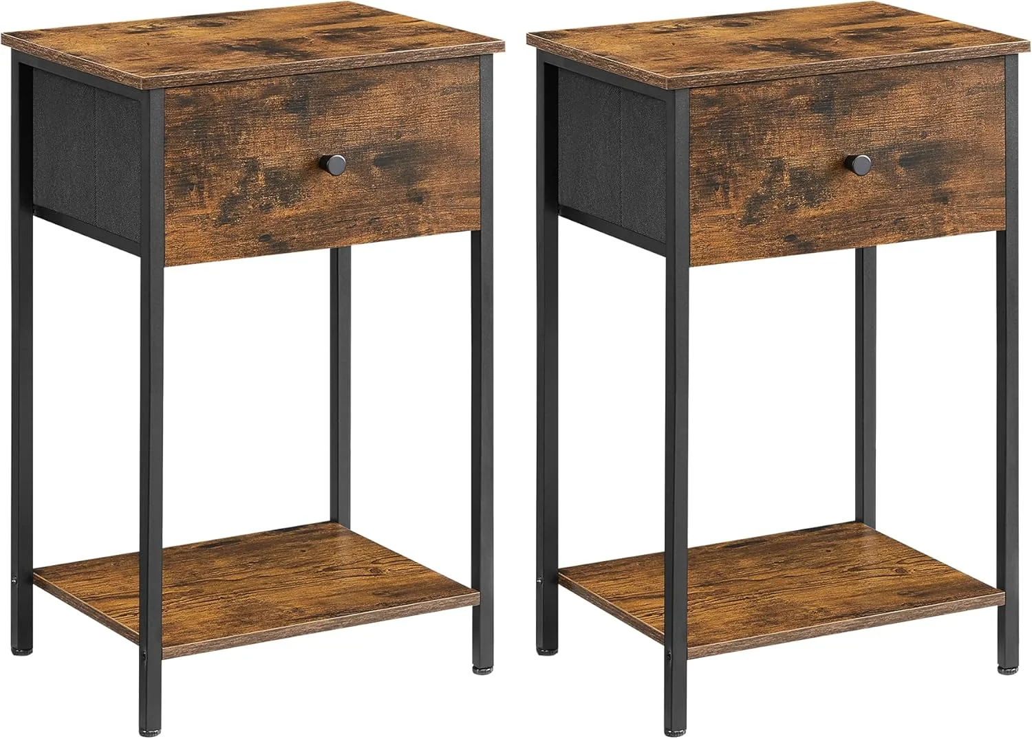 پاتختی VASAGLE، ست 2 عددی با کشو پارچه ای، میزهای کنار تختی 61 سانتی متری با قفسه ذخیره سازی، مناسب اتاق خواب، قهوه ای روستایی + مشکی پاتختی VASAGLE، ست 2 عددی با کشو پارچه ای، میزهای کنار تختی 61 سانتی متری با قفسه ذخیره سازی، مناسب اتاق خواب، قهوه ای روستایی + مشکی