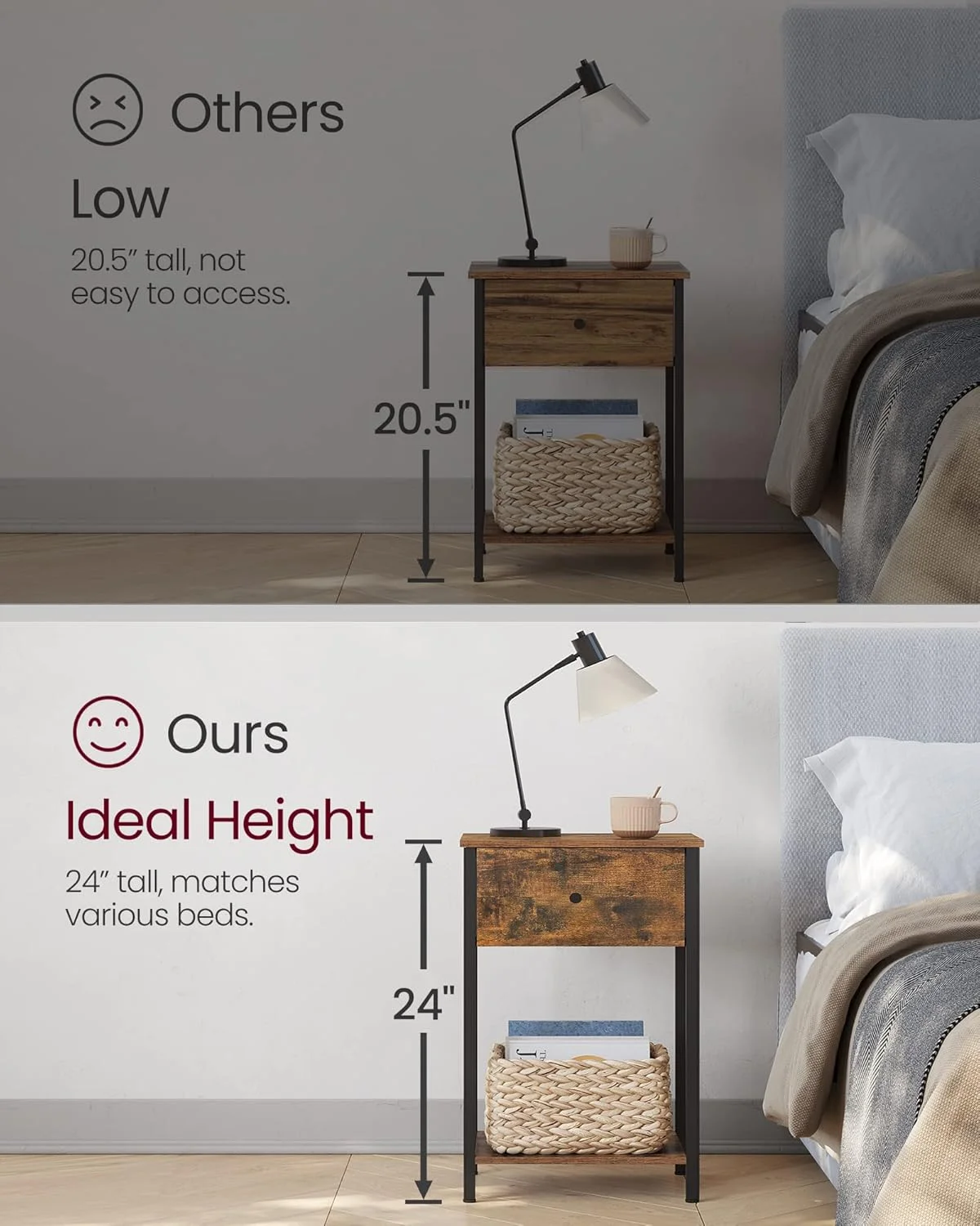 پاتختی VASAGLE، ست 2 عددی با کشو پارچه ای، میزهای کنار تختی 61 سانتی متری با قفسه ذخیره سازی، مناسب اتاق خواب، قهوه ای روستایی + مشکی پاتختی VASAGLE، ست 2 عددی با کشو پارچه ای، میزهای کنار تختی 61 سانتی متری با قفسه ذخیره سازی، مناسب اتاق خواب، قهوه ای روستایی + مشکی