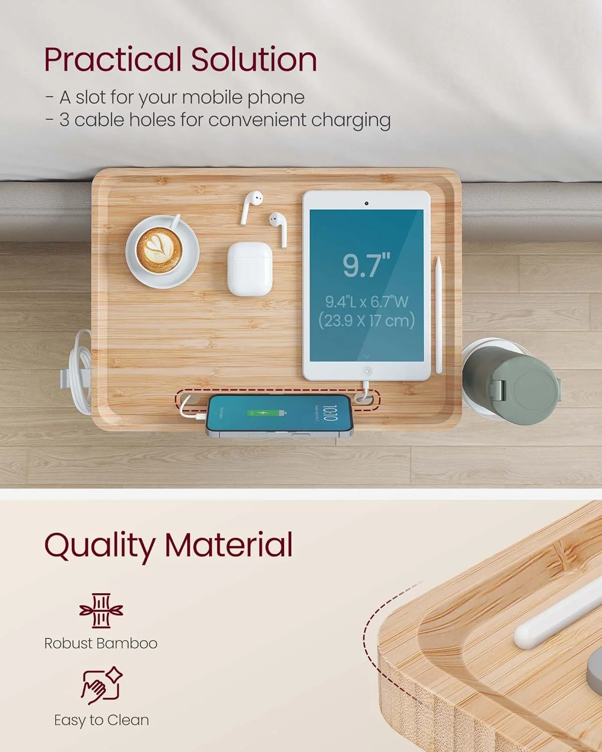 میز کنار تختی VASAGLE، میز شب آویز، قفسه تختخواب чердак، دارای جای تلفن همراه، جا لیوانی، قلاب چرخشی، گیره های قابل تنظیم، برای اتاق خواب دانشجویی، بژ طبیعی LET301N03