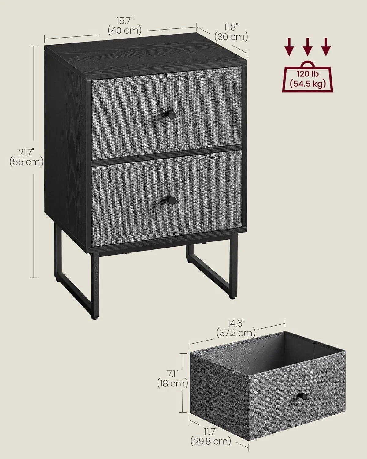 میز کنار تختی VASAGLE با فضای ذخیره سازی، 2 کشو پارچه ای قابل جابجایی، برای اتاق خواب، اتاق نشیمن، مشکی آبنوسی، خاکستری تخته سنگ، 30x40x55 سانتی متر میز کنار تختی VASAGLE با فضای ذخیره سازی، 2 کشو پارچه ای قابل جابجایی، برای اتاق خواب، اتاق نشیمن، مشکی آبنوسی، خاکستری تخته سنگ، 30x40x55 سانتی متر