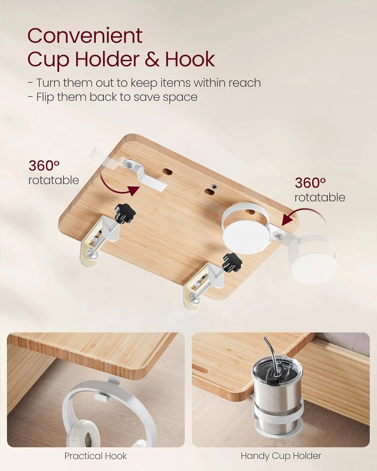 میز کنار تختی VASAGLE، میز شب آویز، قفسه تختخواب чердак، دارای جای تلفن همراه، جا لیوانی، قلاب چرخشی، گیره های قابل تنظیم، برای اتاق خواب دانشجویی، بژ طبیعی LET301N03