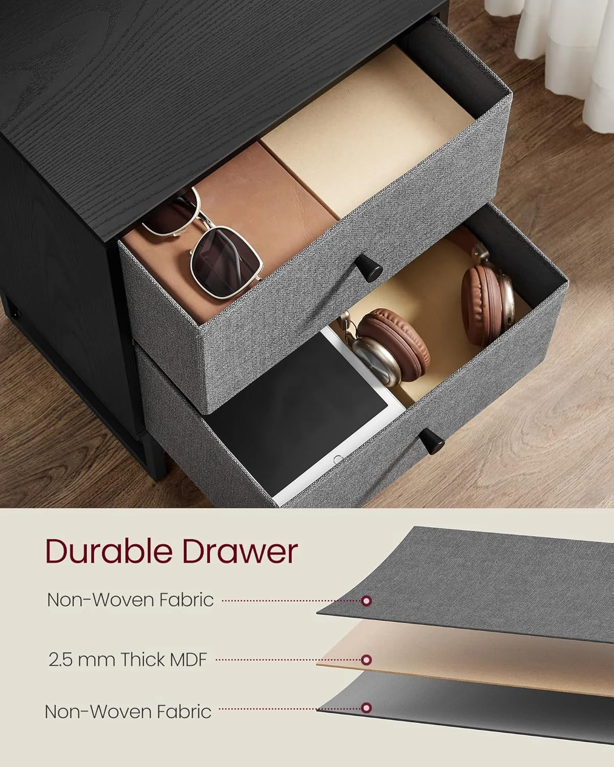 میز کنار تختی VASAGLE با فضای ذخیره سازی، 2 کشو پارچه ای قابل جابجایی، برای اتاق خواب، اتاق نشیمن، مشکی آبنوسی، خاکستری تخته سنگ، 30x40x55 سانتی متر میز کنار تختی VASAGLE با فضای ذخیره سازی، 2 کشو پارچه ای قابل جابجایی، برای اتاق خواب، اتاق نشیمن، مشکی آبنوسی، خاکستری تخته سنگ، 30x40x55 سانتی متر