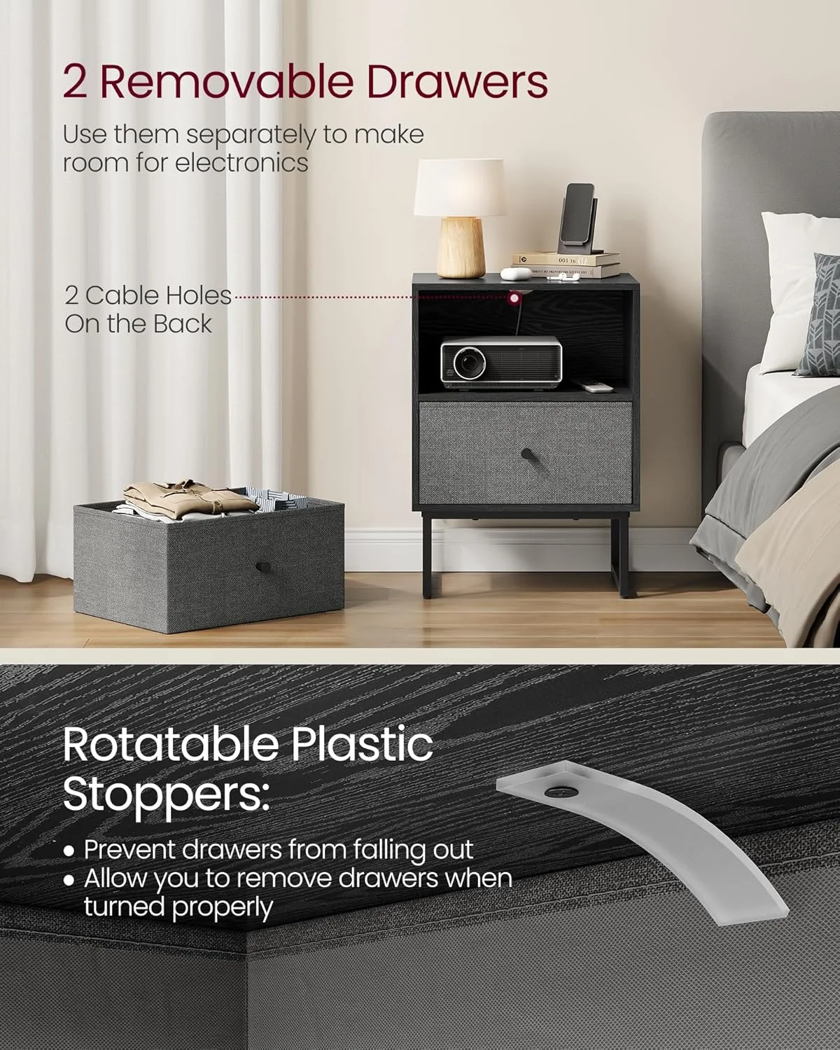 میز کنار تختی VASAGLE با فضای ذخیره سازی، 2 کشو پارچه ای قابل جابجایی، برای اتاق خواب، اتاق نشیمن، مشکی آبنوسی، خاکستری تخته سنگ، 30x40x55 سانتی متر میز کنار تختی VASAGLE با فضای ذخیره سازی، 2 کشو پارچه ای قابل جابجایی، برای اتاق خواب، اتاق نشیمن، مشکی آبنوسی، خاکستری تخته سنگ، 30x40x55 سانتی متر