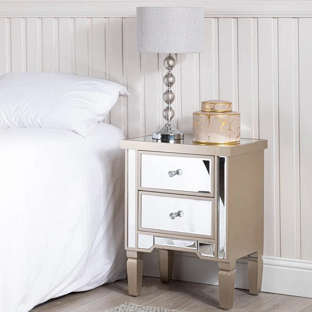 میز کنار تختی VANITY LIVING، دارای 2 کشو، مدرن مدل Treviso طلایی آینه ای، کابینت کنار تخت، میز کنار مبل، میز انتهایی برای مبلمان اتاق خواب