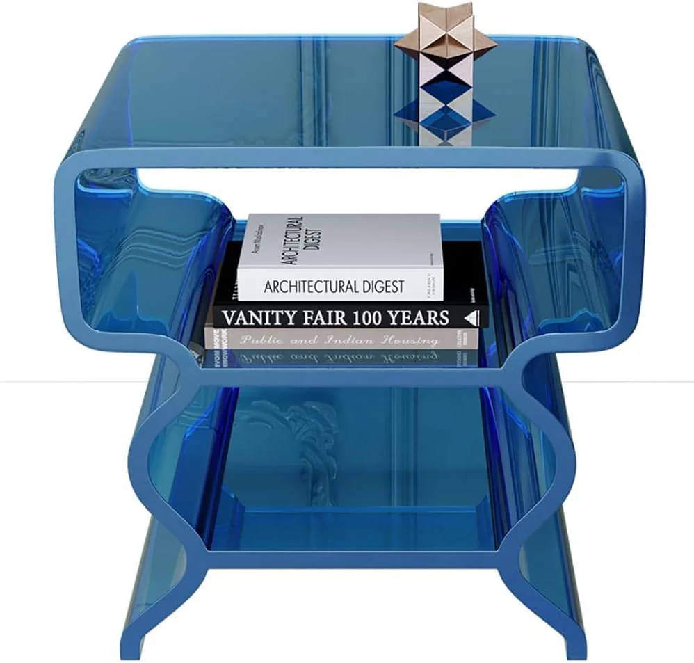 میز کنار تختی کوچک TT-YEF، میز کنار مبلی سه طبقه، میز کنار مبلی آکریلیک اتاق نشیمن، میز قهوه مدرن، میز کنار تختی آکریلیک با فضای ذخیره سازی، میز کنار مبلی برای فضای کوچک، آبی