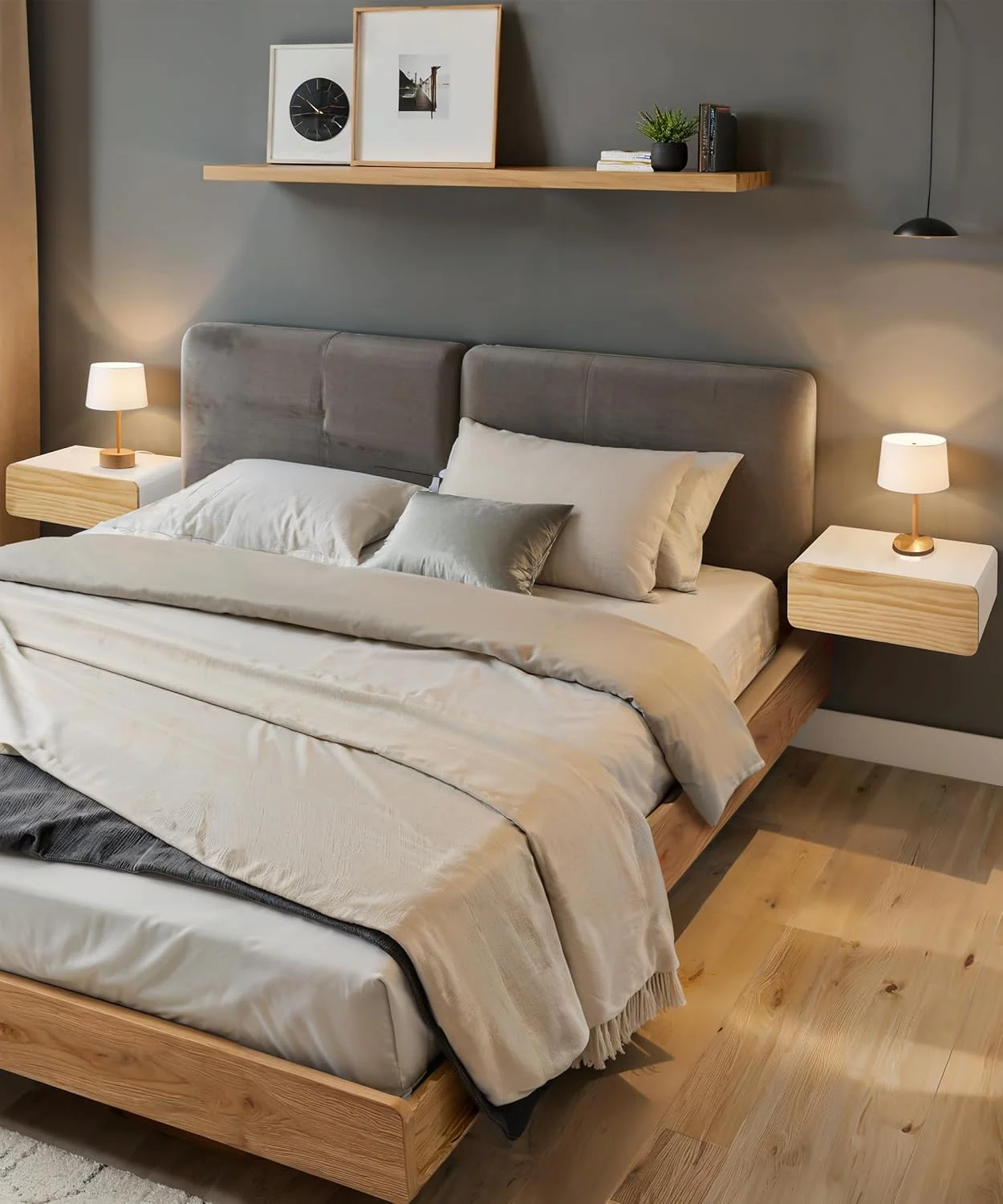 میز پاتختی شناور سفید سامگار با کشو، میز کنار تختی مدرن، سازمان دهنده، قفسه مونتاژ شده، مناسب فضاهای کوچک، نصب دیواری، مبلمان چوبی برای دکوراسیون اتاق خواب