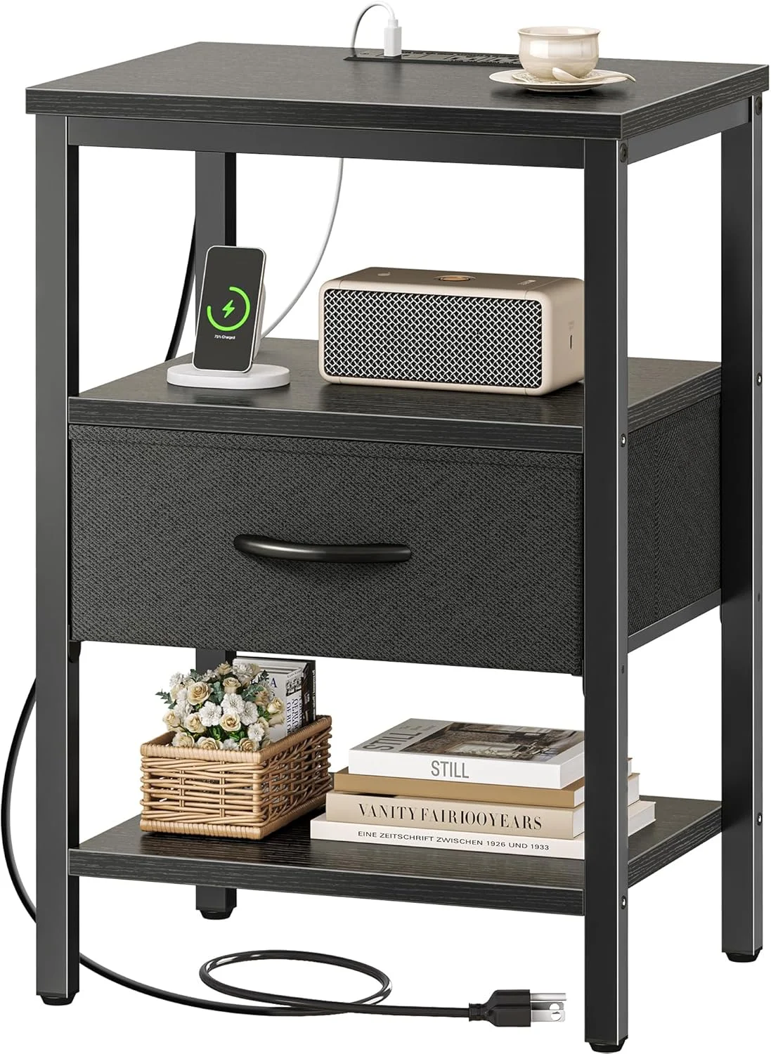 میز کنار تختی SUPERJARE با ایستگاه شارژ، میز کنار تخت با کشوی پارچه ای قابل تنظیم، میز کنار تخت برای اتاق خواب، میز عسلی 3 طبقه، برای اتاق نشیمن، مشکی