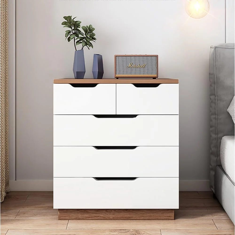 میز کنار تختی مدرن، کابینت ذخیره سازی چوبی با 5 کشو و صفحه رویی جادار برای وسایل کوچک خانگی، میز پاتختی ساده، کشو برای اتاق نشیمن، اتاق خواب، 203DG5 (سفید)