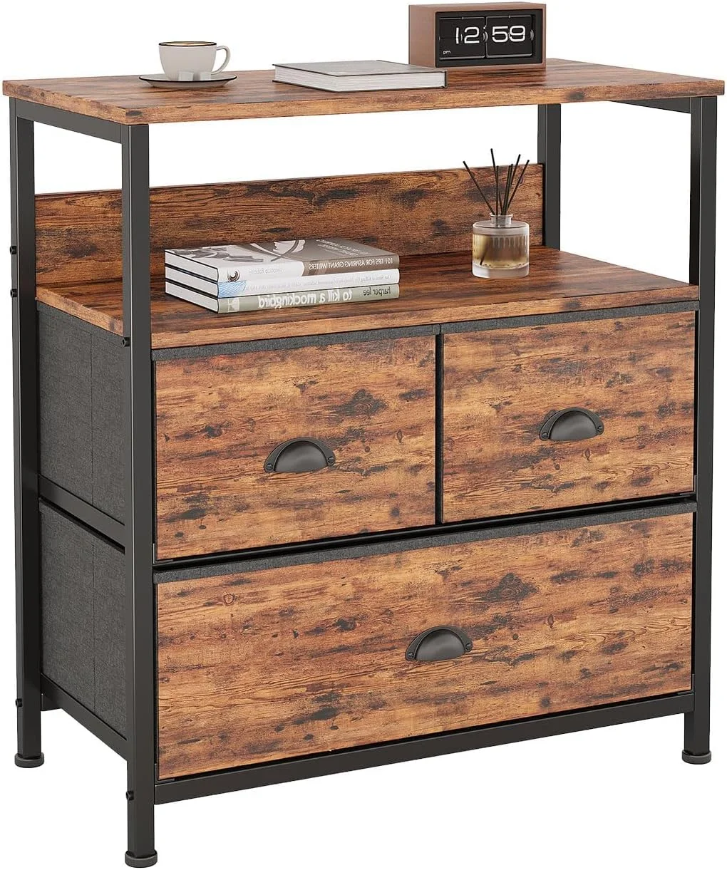 دراور کنار تختی SKY-TOUCH، میز کنار تختی با 3 کشو پارچه ای نبافته و 2 قفسه، میز کنار تخت برای اتاق خواب، کاربرد چند منظوره برای میز کنار تختی، اتاق خواب، اتاق نشیمن، چوب ببری