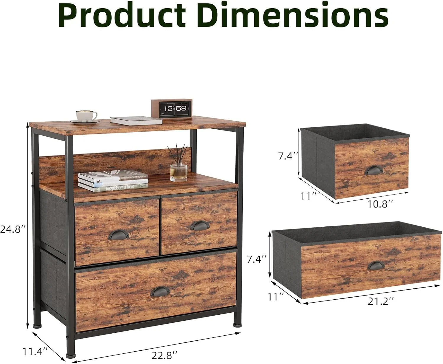دراور کنار تختی SKY-TOUCH، میز کنار تختی با 3 کشو پارچه ای نبافته و 2 قفسه، میز کنار تخت برای اتاق خواب، کاربرد چند منظوره برای میز کنار تختی، اتاق خواب، اتاق نشیمن، چوب ببری