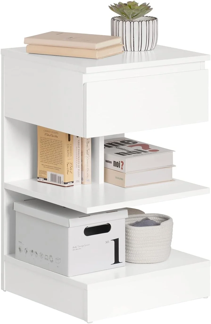 میز کنار تختی سوبای، میز کنار تخت، میز شب با 1 کشو و 2 قفسه، میز جانبی با کشو، میز جانبی کوچک برای اتاق خواب، اتاق نشیمن، سفید، میزهای جانبی FBT49-W