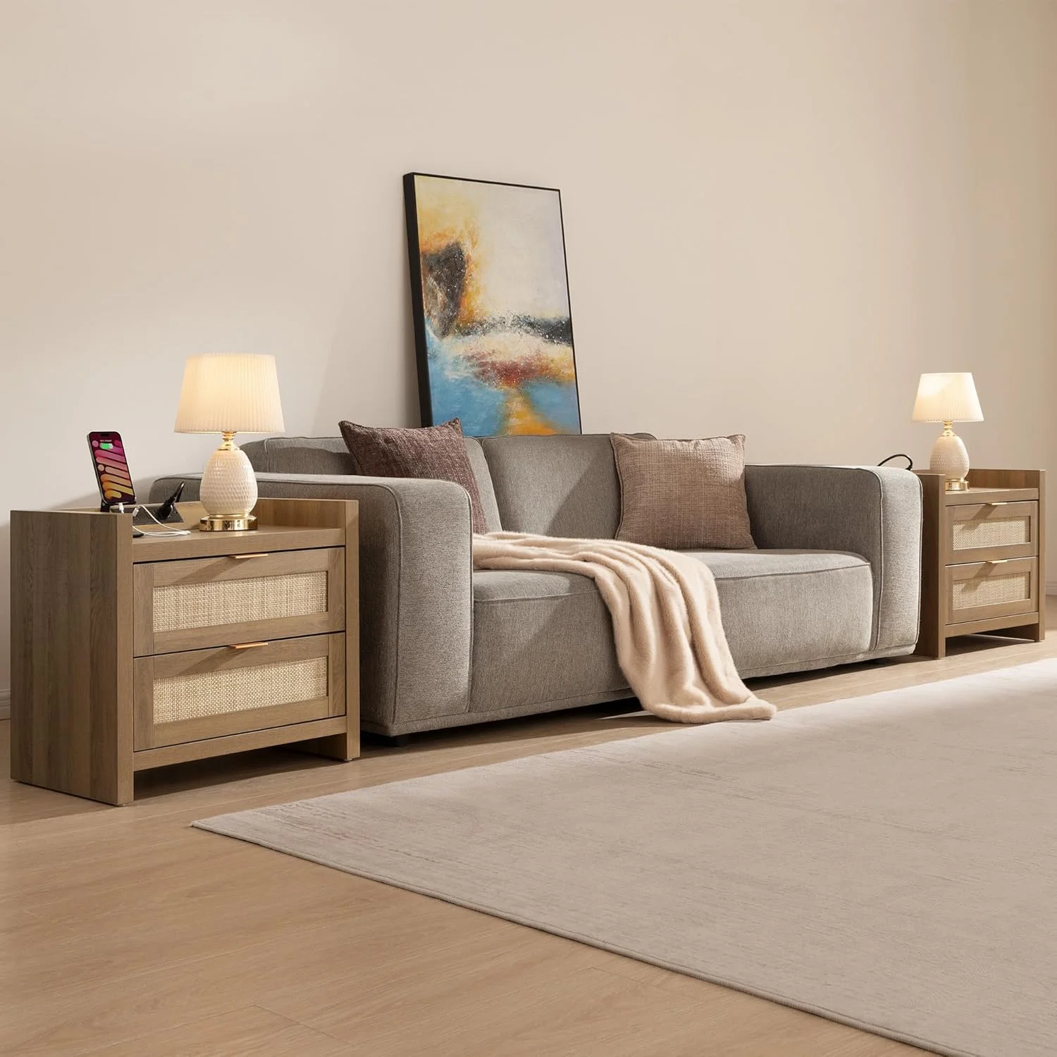 ست 2 عددی میز عسلی کنار تختی Sicotas، میز عسلی حصیری با ایستگاه شارژ Type-C، 2 کشو حصیری، میز کنار تختی بوهو برای فضاهای کوچک، بلوطی طبیعی