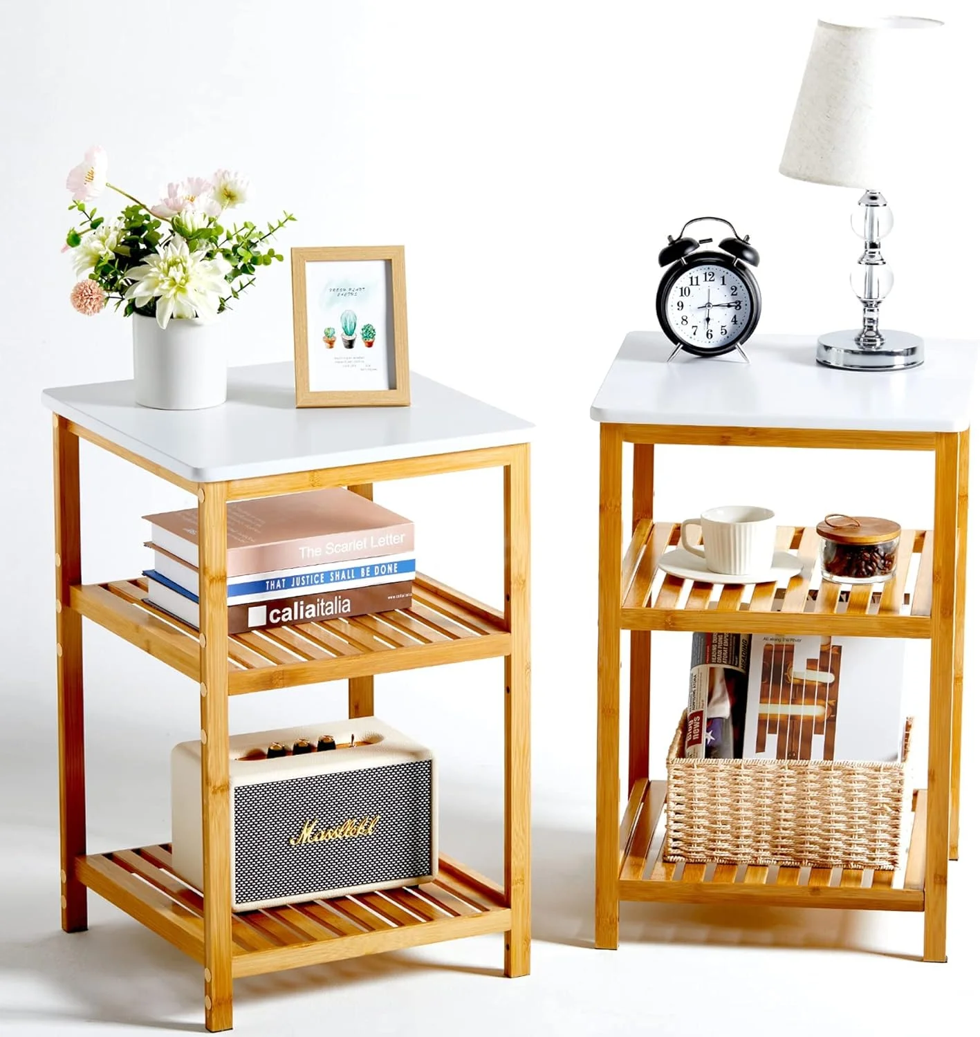 ست 2 عددی میز عسلی SINWANT، میز کنار تختی، میز پاتختی، میز کنار تخت 3 طبقه بامبو، میز مبلمان، میز کنار تخت برای اتاق نشیمن، اتاق خواب
