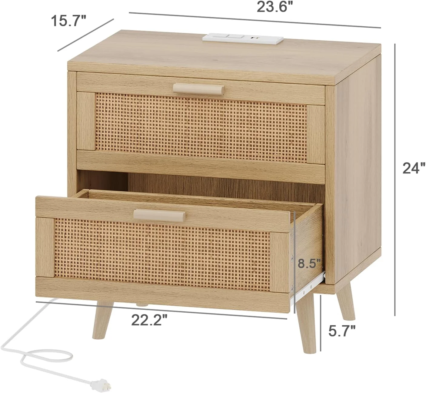 میز کنار تختی راتان Rovaurx با 2 کشو، میز کنار تخت کوچک با ایستگاه شارژ، میز عسلی برای اتاق خواب، میز کنار تختی بوهو با پایه های چوبی محکم برای اتاق خواب، مدرن و طبیعی RCTG111ME