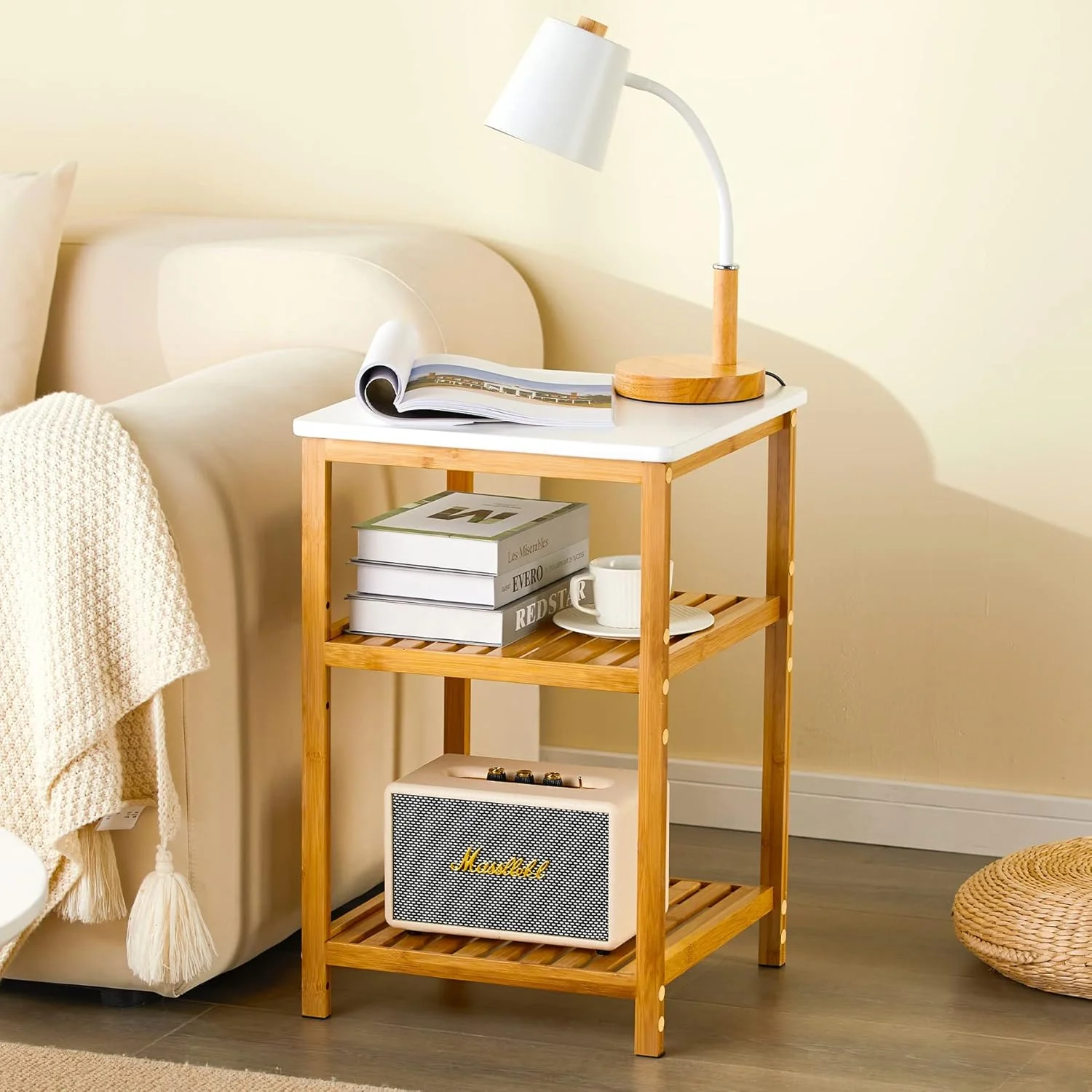 ست 2 عددی میز عسلی SINWANT، میز کنار تختی، میز پاتختی، میز کنار تخت 3 طبقه بامبو، میز مبلمان، میز کنار تخت برای اتاق نشیمن، اتاق خواب